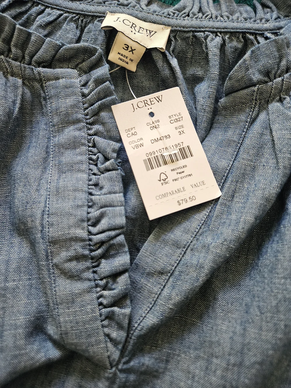 J. Crew Blue Chambray Ruffle-Neck Flutter - Slreve Top